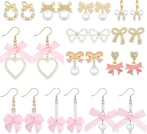 12 Pairs Gold Bow Earrings for Women Pink Coquette Jewelry Pearl Bow Stud Pink Ribbon Pearl Rhinestone Drop Dangle Earrings for Women Coquette Wedding Preppy Party Mother's Day Gift