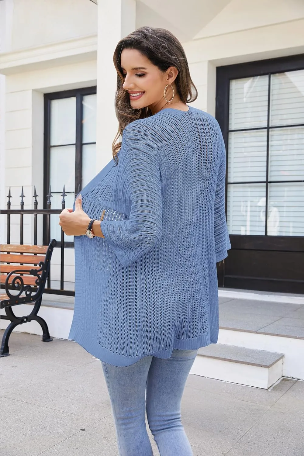 2025 Summer Women's Lightweight 3/4 Sleeve Crochet Cardigan Sweater Open Front Boho Beach Vacation Swimwear Outwear