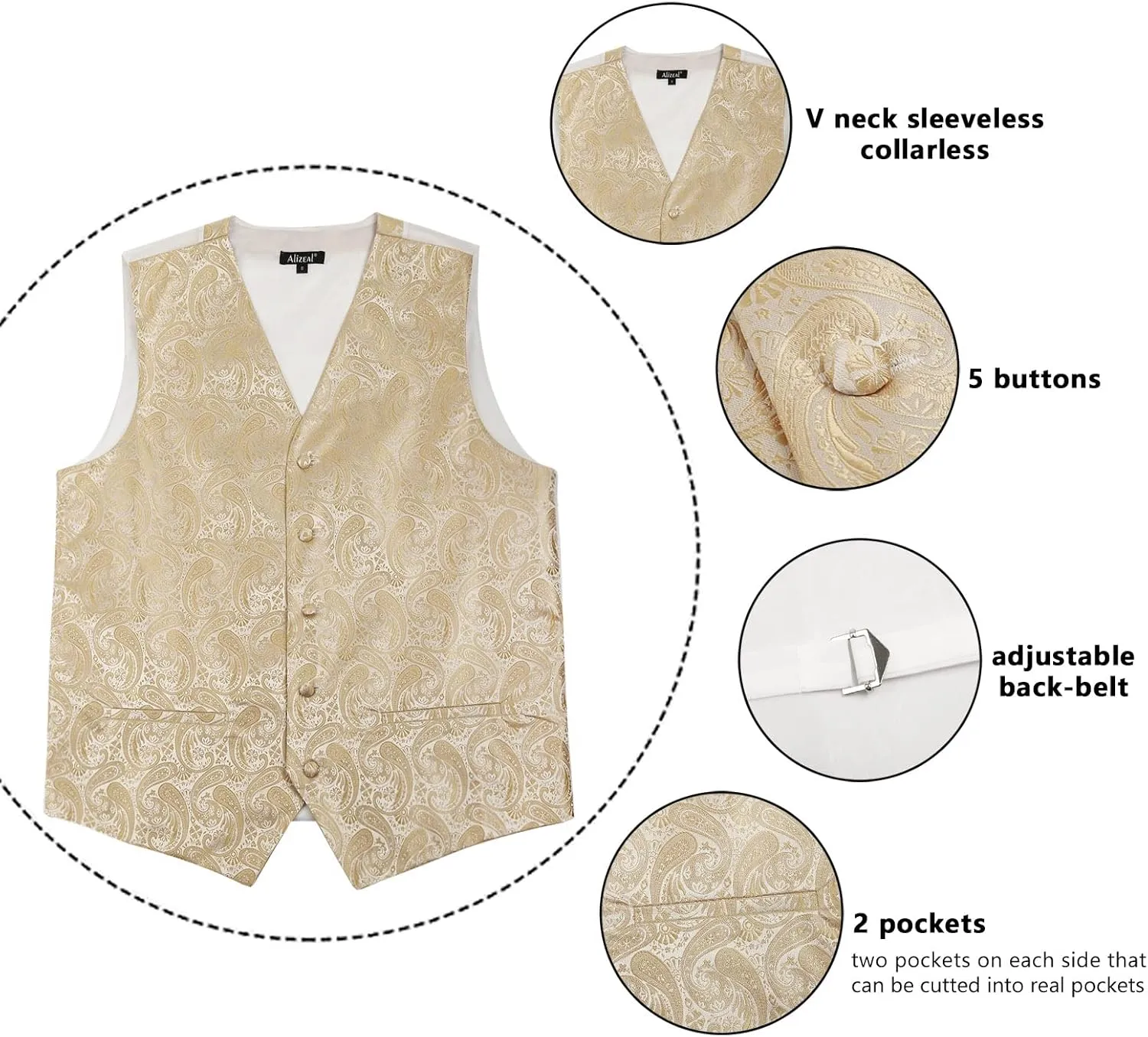 Alizeal Mens 5pcs Paisley Suit Vest Classic Jacquard Button-Down Waistcoat Set