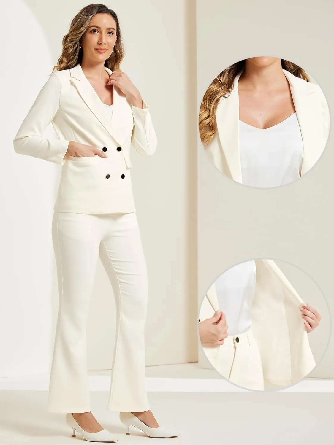 Allegra K 2 Piece Work Suit for Women's Business Formal Double-Breasted Blazer and Pants Set