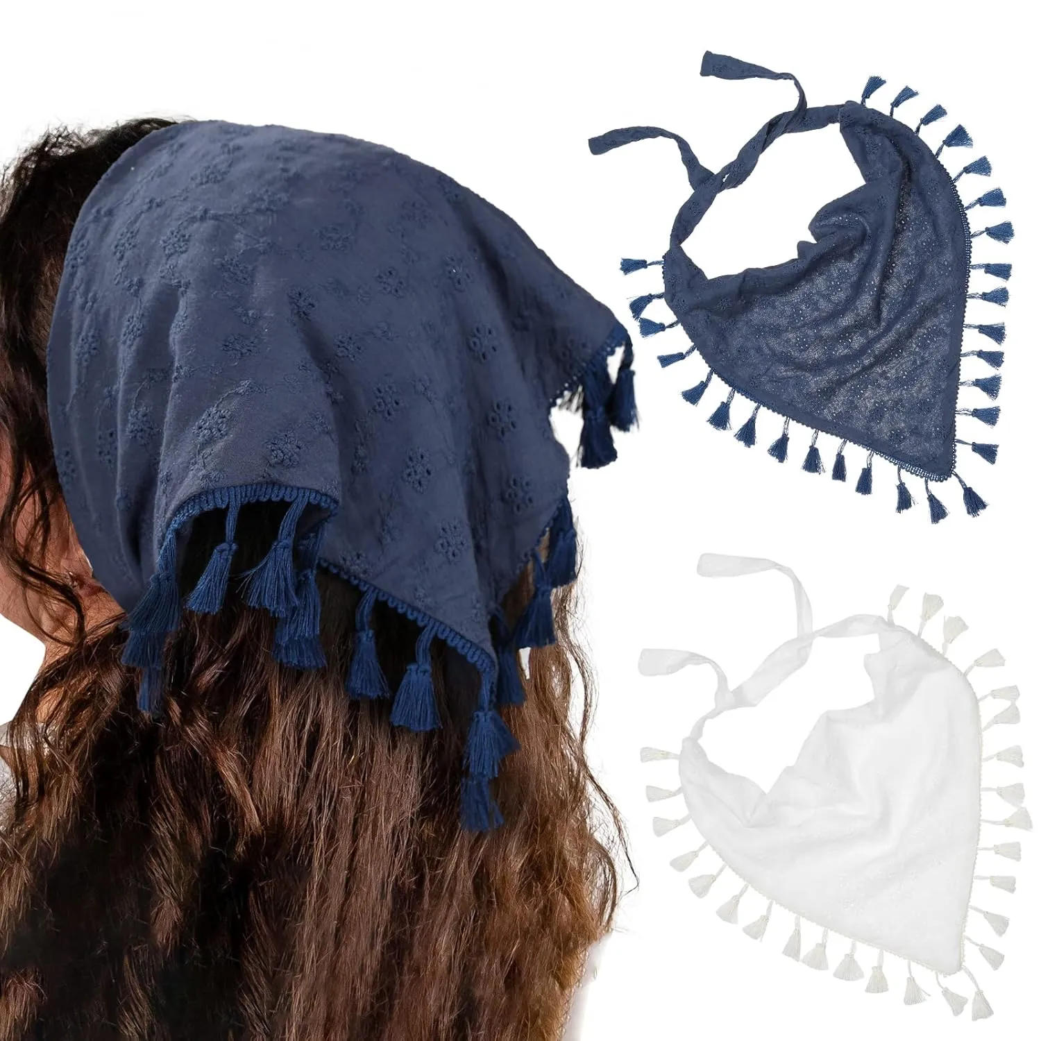 AWAYTR Floral Tassels Hair Scarf Headband - 2PCS Cotton Hair Bandana Scarf With Tassels Tie Back Head Kerchief Headband for Women and Girls (Navy Blue White)