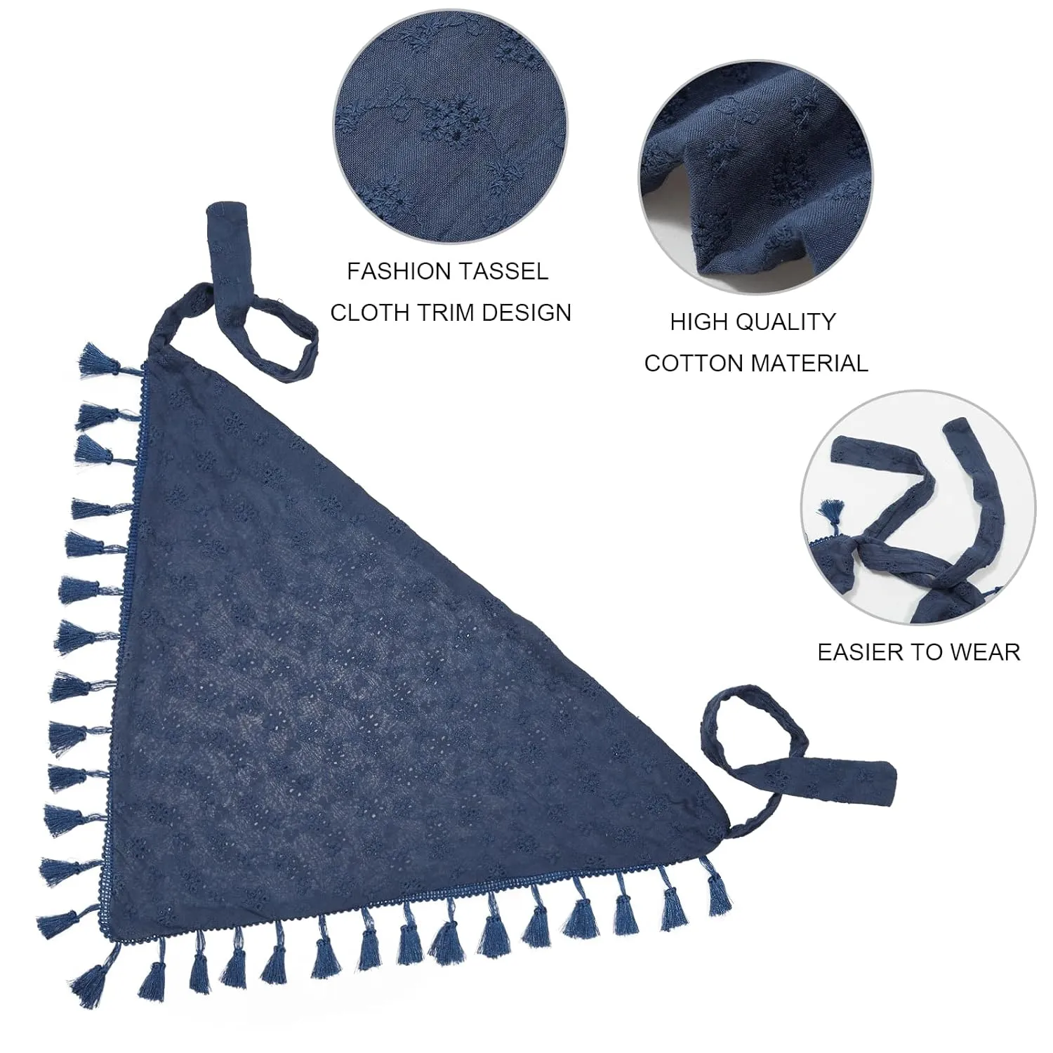 AWAYTR Floral Tassels Hair Scarf Headband - 2PCS Cotton Hair Bandana Scarf With Tassels Tie Back Head Kerchief Headband for Women and Girls (Navy Blue White)