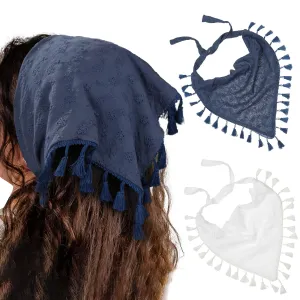AWAYTR Floral Tassels Hair Scarf Headband - 2PCS Cotton Hair Bandana Scarf With Tassels Tie Back Head Kerchief Headband for Women and Girls (Navy Blue White)