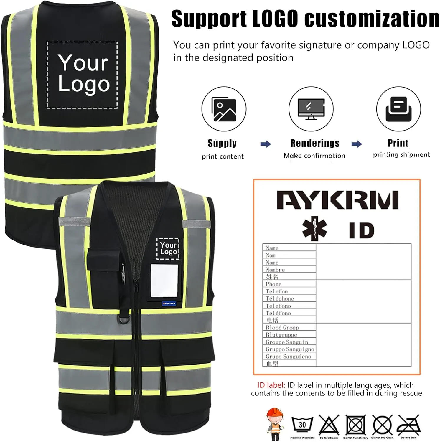 AYKRM 11 color High Vis Reflective Safety Vest for Women Men Security Pocket Zipper