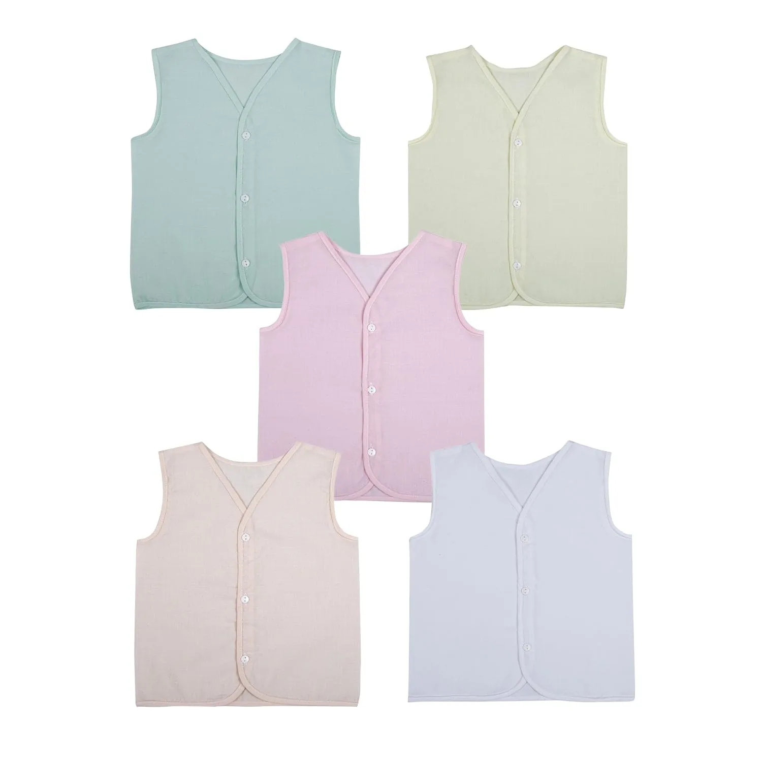 Baby Moo Solid V-Neck Sleeveless Front Opening Button Cotton Jhablas 5 Pcs - Pink, Multicolour