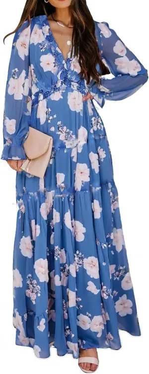 BLENCOT Womens Casual Boho Deep V Neck Short Sleeve Long Dress