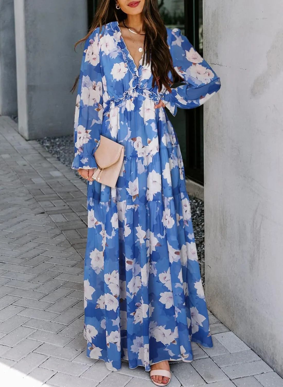 BLENCOT Womens Casual Boho Deep V Neck Short Sleeve Long Dress