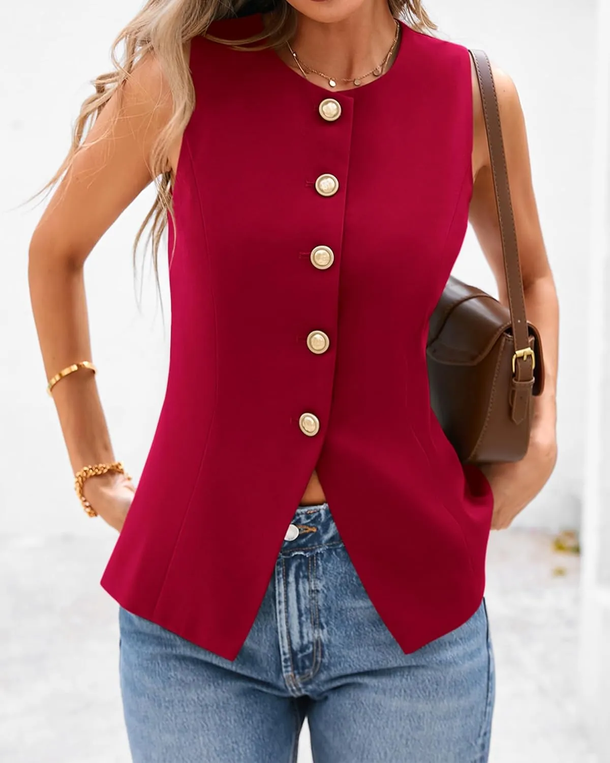 BTFBM Summer Sleeveless Blazer Vest For Women Dressy Button Down Round Neck Business Casual Outfits Work Suit Vests Tops