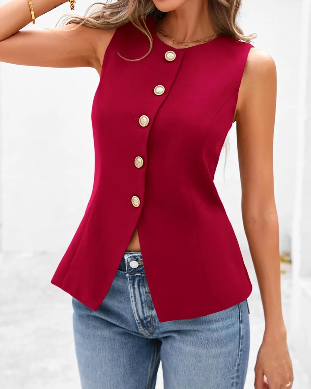 BTFBM Summer Sleeveless Blazer Vest For Women Dressy Button Down Round Neck Business Casual Outfits Work Suit Vests Tops