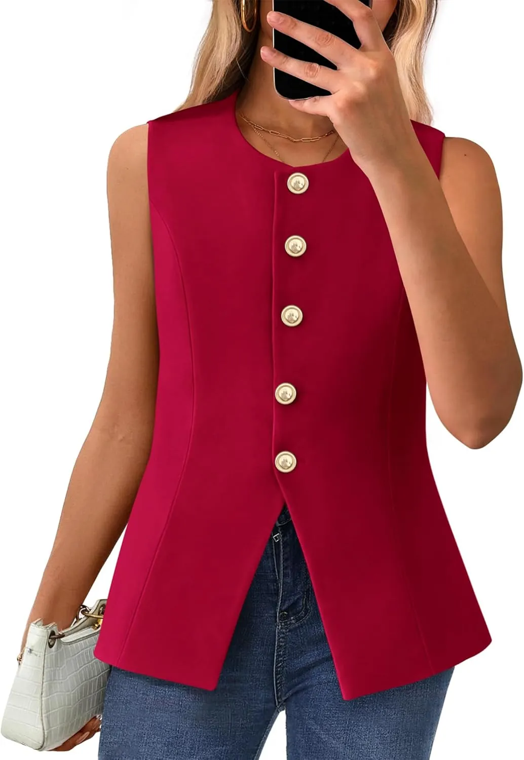 BTFBM Summer Sleeveless Blazer Vest For Women Dressy Button Down Round Neck Business Casual Outfits Work Suit Vests Tops