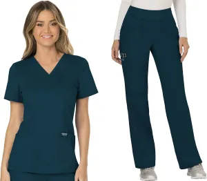 Cherokee Scrub Set For Women, Modern Classic Fit Mock Wrap Top WW610 With Mid Rise, Straight Leg Pant WW110, Caribbean Blue- L Top/L Petite Pant