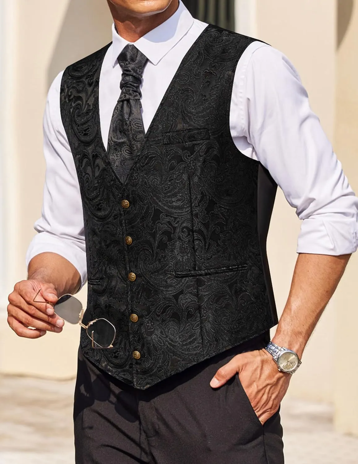 COOFANDY Men's Paisley Vests Victorian Steampunk Gothic Suit Vest Slim Fit V-Neck Tuxedo Waistcoat