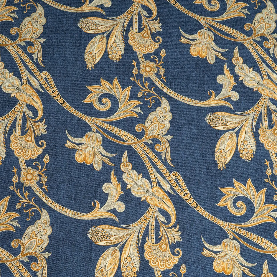 Decorative Yellow Floral Printed Blue Stretch Cotton