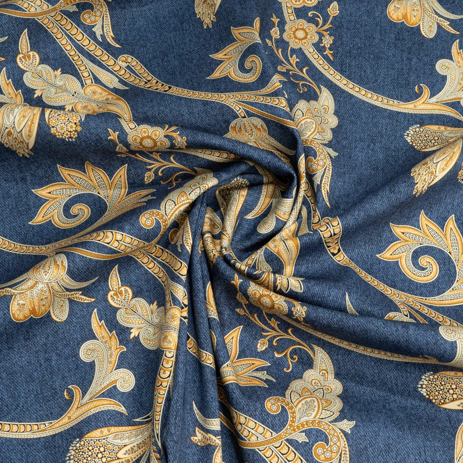 Decorative Yellow Floral Printed Blue Stretch Cotton