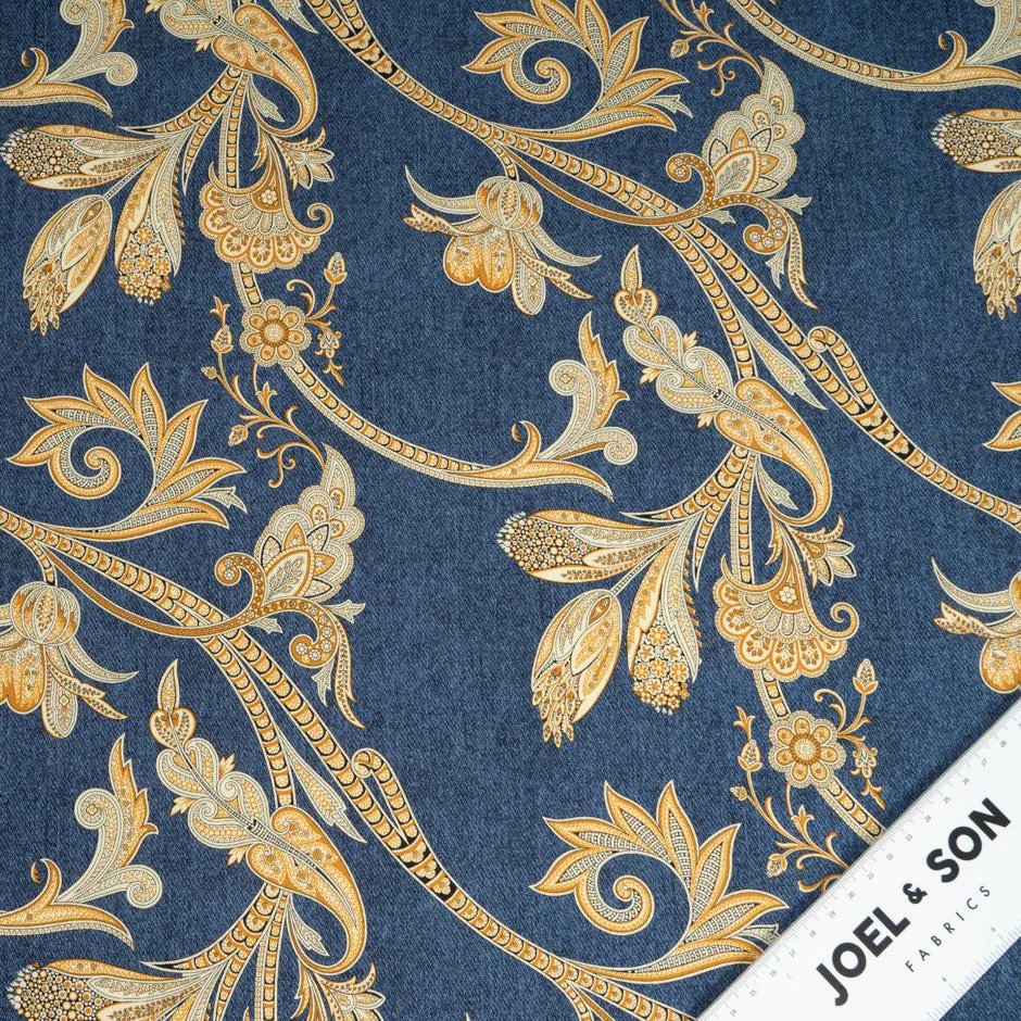 Decorative Yellow Floral Printed Blue Stretch Cotton