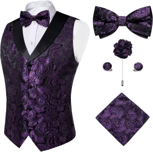 DiBanGu Mens Vest and Bowtie Set Silk Paisley Waistcoat and Bowtie Pocket Square Cufflinks with Lapel Pin for Wedding Party