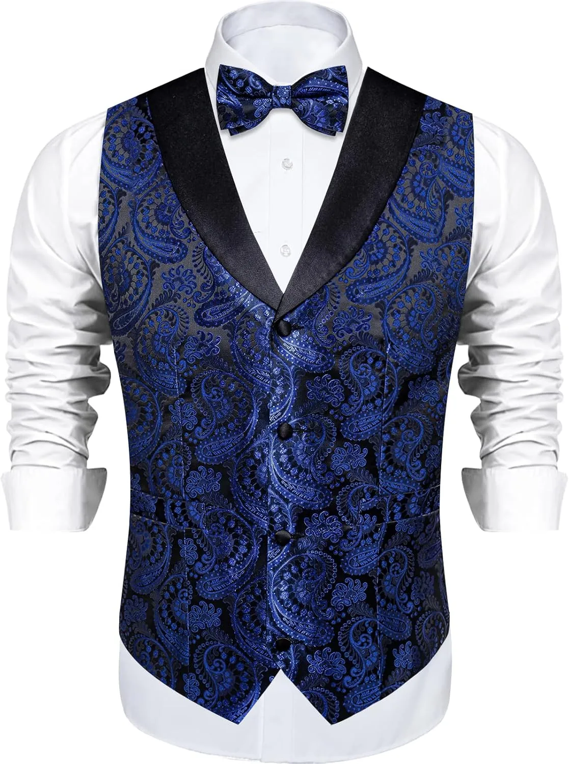 DiBanGu Mens Vest and Bowtie Set Silk Paisley Waistcoat and Bowtie Pocket Square Cufflinks with Lapel Pin for Wedding Party