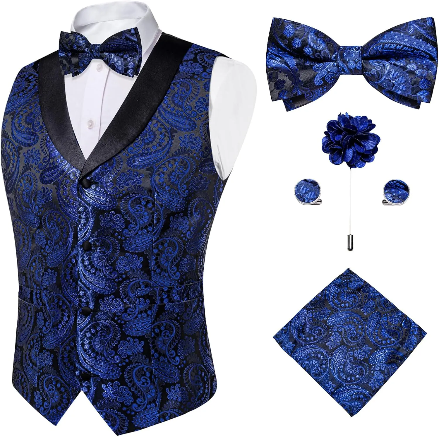 DiBanGu Mens Vest and Bowtie Set Silk Paisley Waistcoat and Bowtie Pocket Square Cufflinks with Lapel Pin for Wedding Party