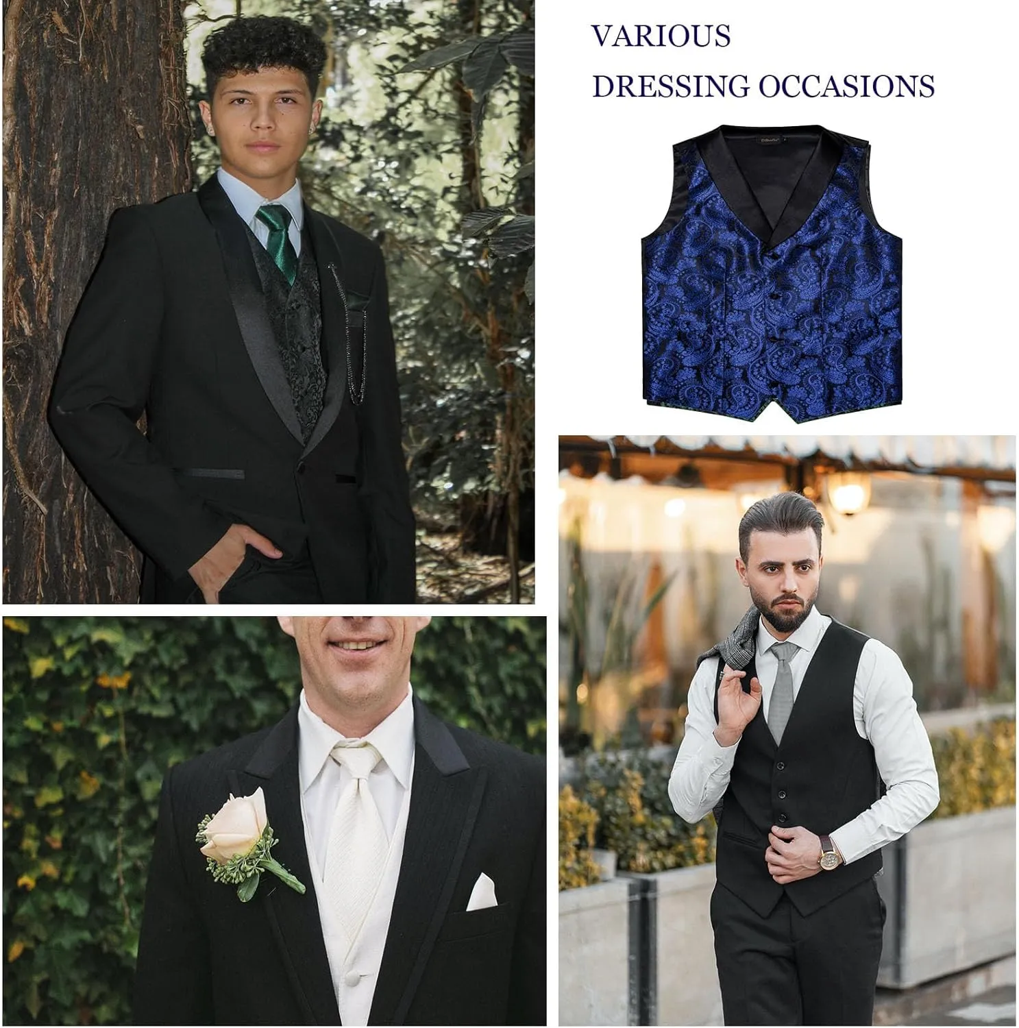 DiBanGu Mens Vest and Bowtie Set Silk Paisley Waistcoat and Bowtie Pocket Square Cufflinks with Lapel Pin for Wedding Party