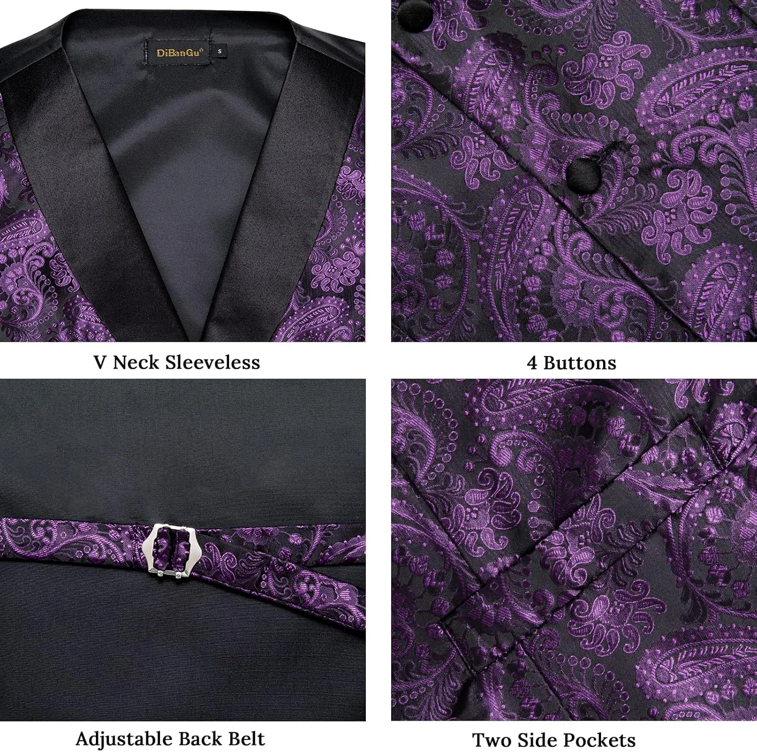 DiBanGu Mens Vest and Bowtie Set Silk Paisley Waistcoat and Bowtie Pocket Square Cufflinks with Lapel Pin for Wedding Party