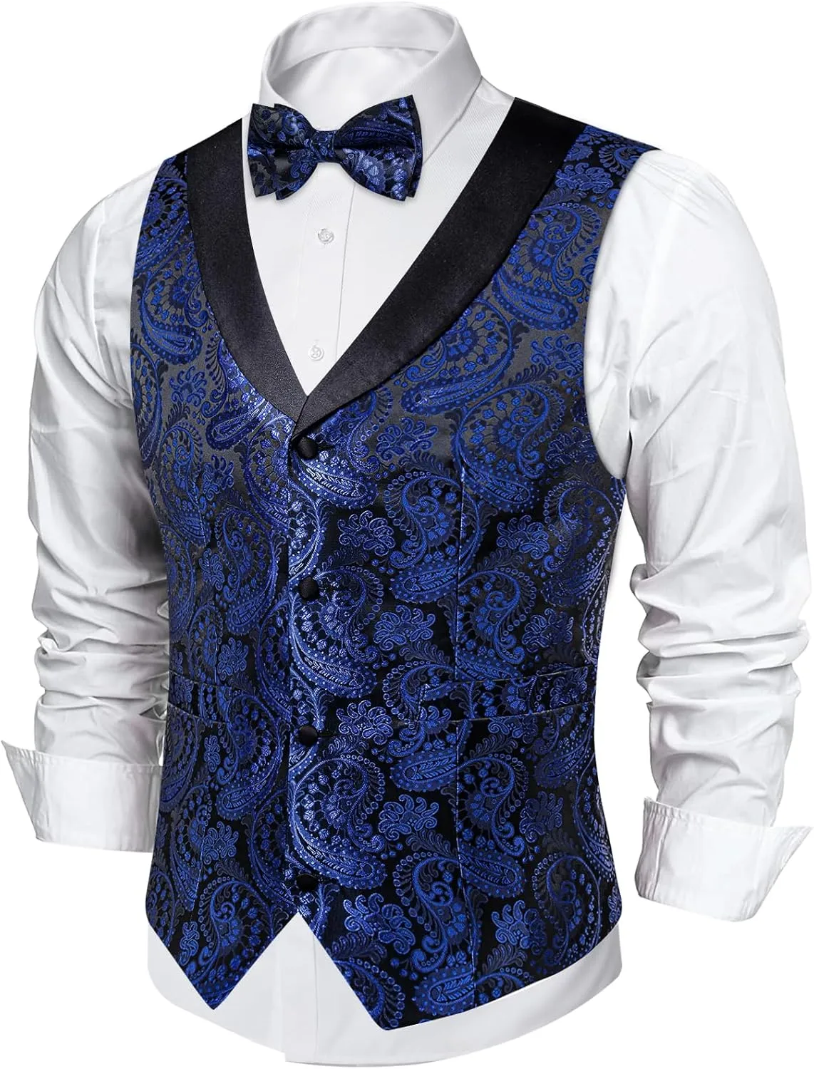 DiBanGu Mens Vest and Bowtie Set Silk Paisley Waistcoat and Bowtie Pocket Square Cufflinks with Lapel Pin for Wedding Party