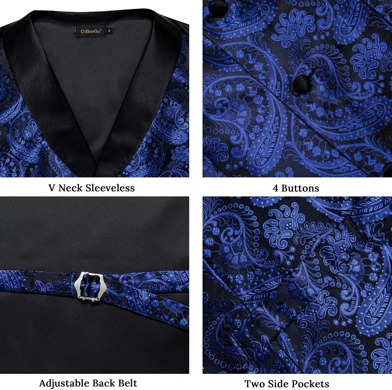 DiBanGu Mens Vest and Bowtie Set Silk Paisley Waistcoat and Bowtie Pocket Square Cufflinks with Lapel Pin for Wedding Party