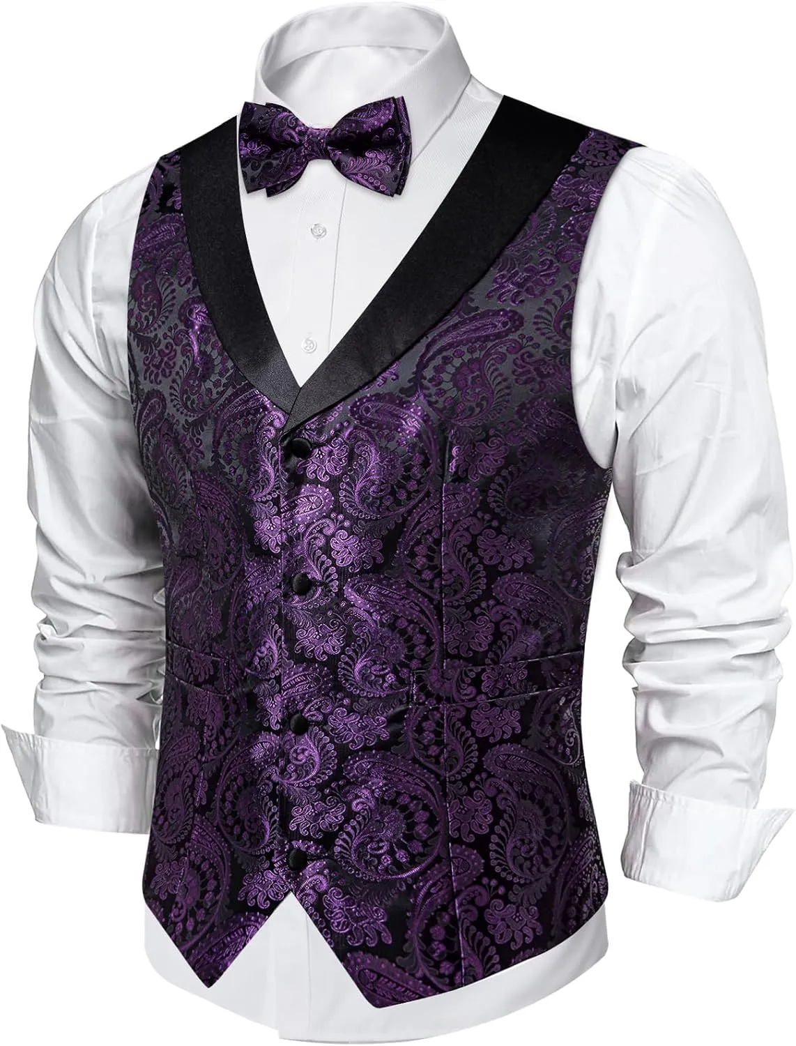 DiBanGu Mens Vest and Bowtie Set Silk Paisley Waistcoat and Bowtie Pocket Square Cufflinks with Lapel Pin for Wedding Party