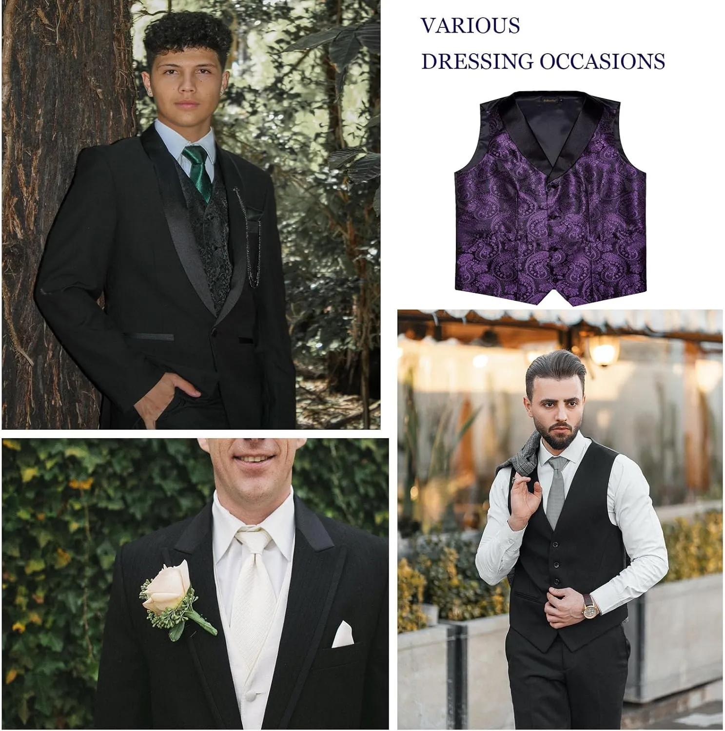 DiBanGu Mens Vest and Bowtie Set Silk Paisley Waistcoat and Bowtie Pocket Square Cufflinks with Lapel Pin for Wedding Party