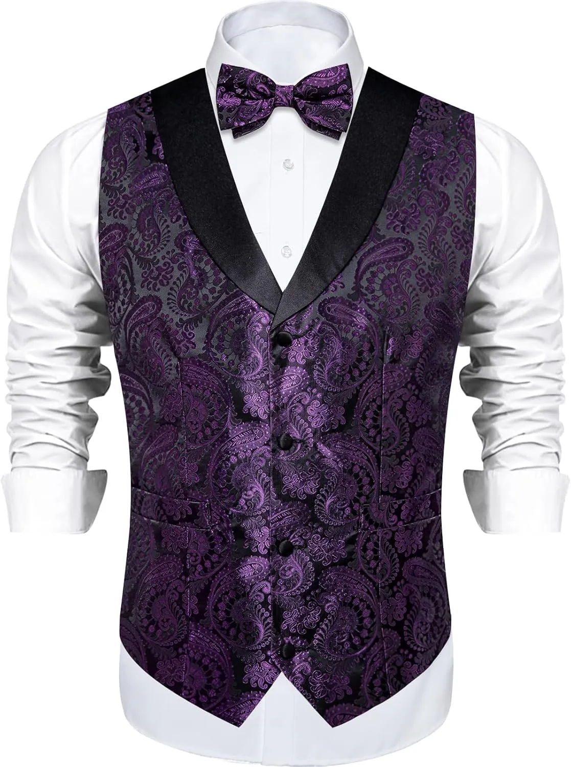 DiBanGu Mens Vest and Bowtie Set Silk Paisley Waistcoat and Bowtie Pocket Square Cufflinks with Lapel Pin for Wedding Party