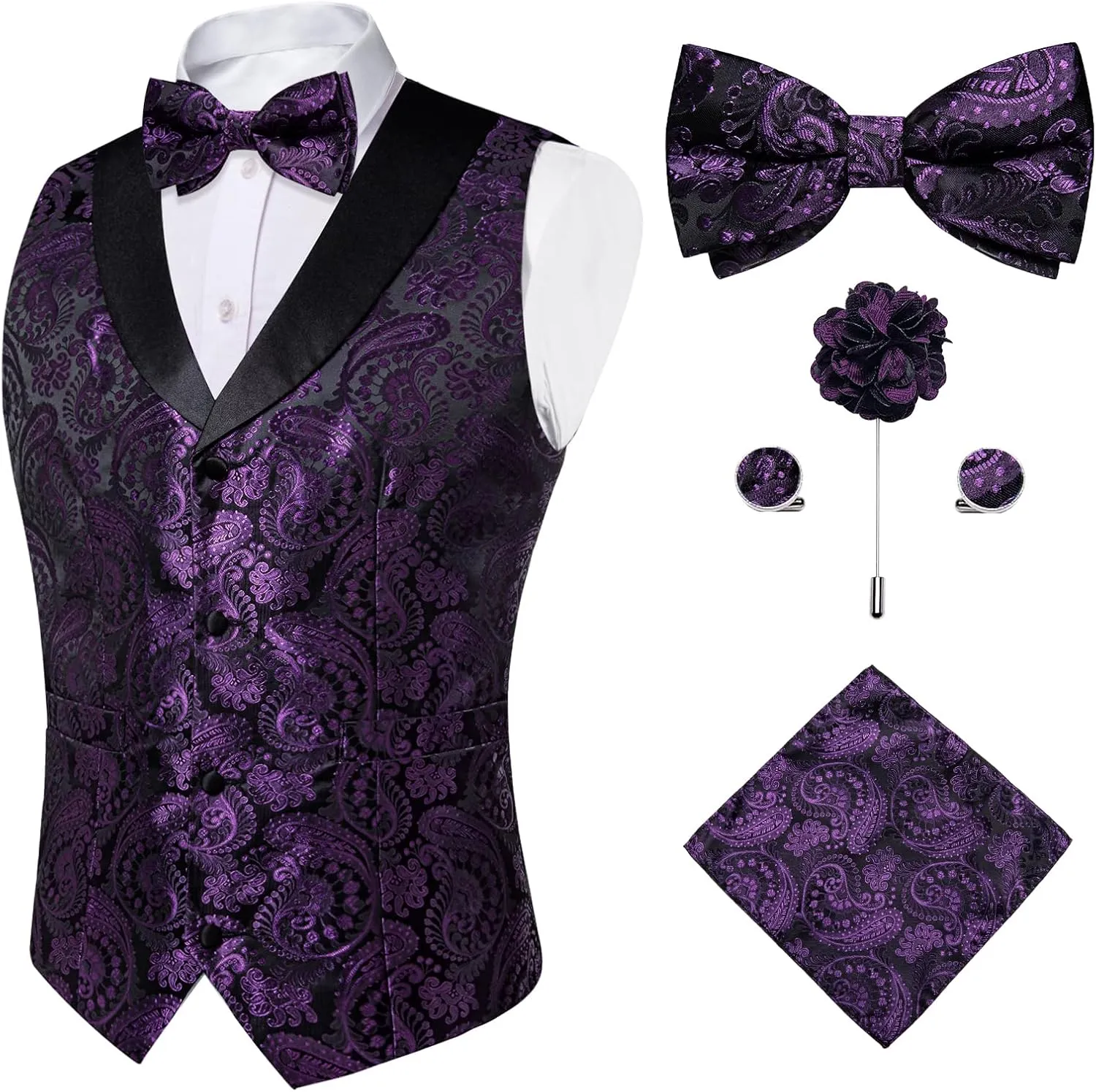 DiBanGu Mens Vest and Bowtie Set Silk Paisley Waistcoat and Bowtie Pocket Square Cufflinks with Lapel Pin for Wedding Party