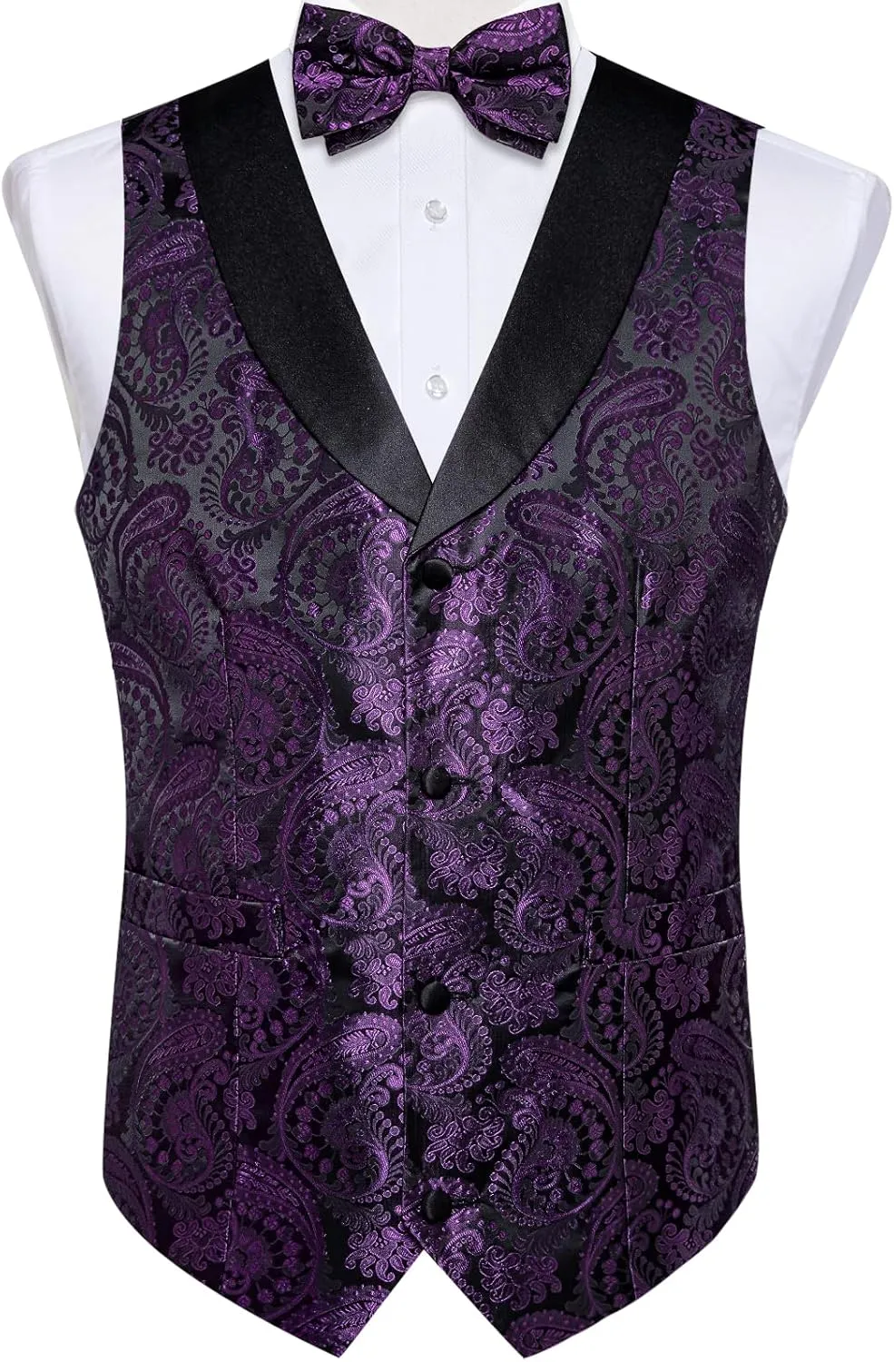 DiBanGu Mens Vest and Bowtie Set Silk Paisley Waistcoat and Bowtie Pocket Square Cufflinks with Lapel Pin for Wedding Party