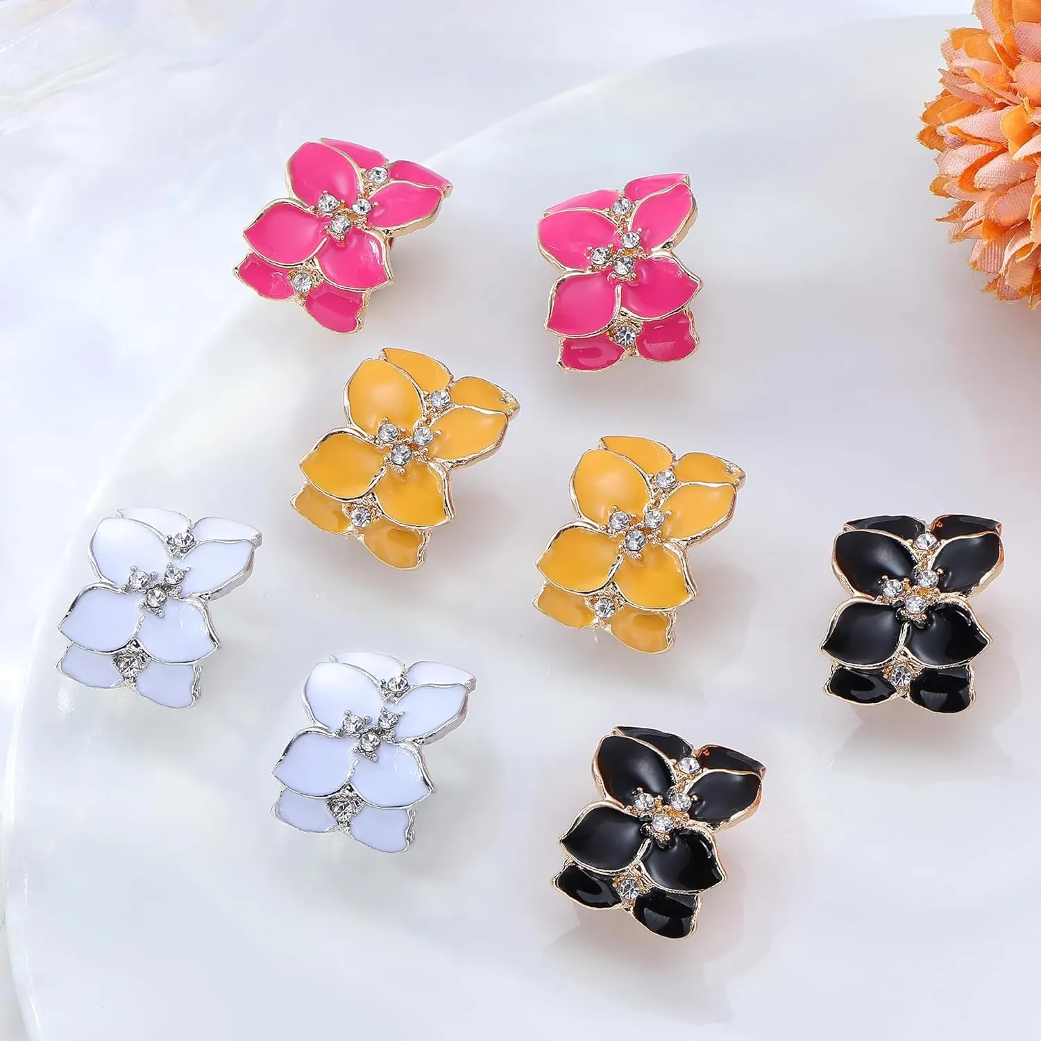 FIASASO Flower Clip on Earrings for Women Colorful Statement Petal Clip Earring for Non Pierced Fake Earrings White Crystal White Pink Black Yellow Petal