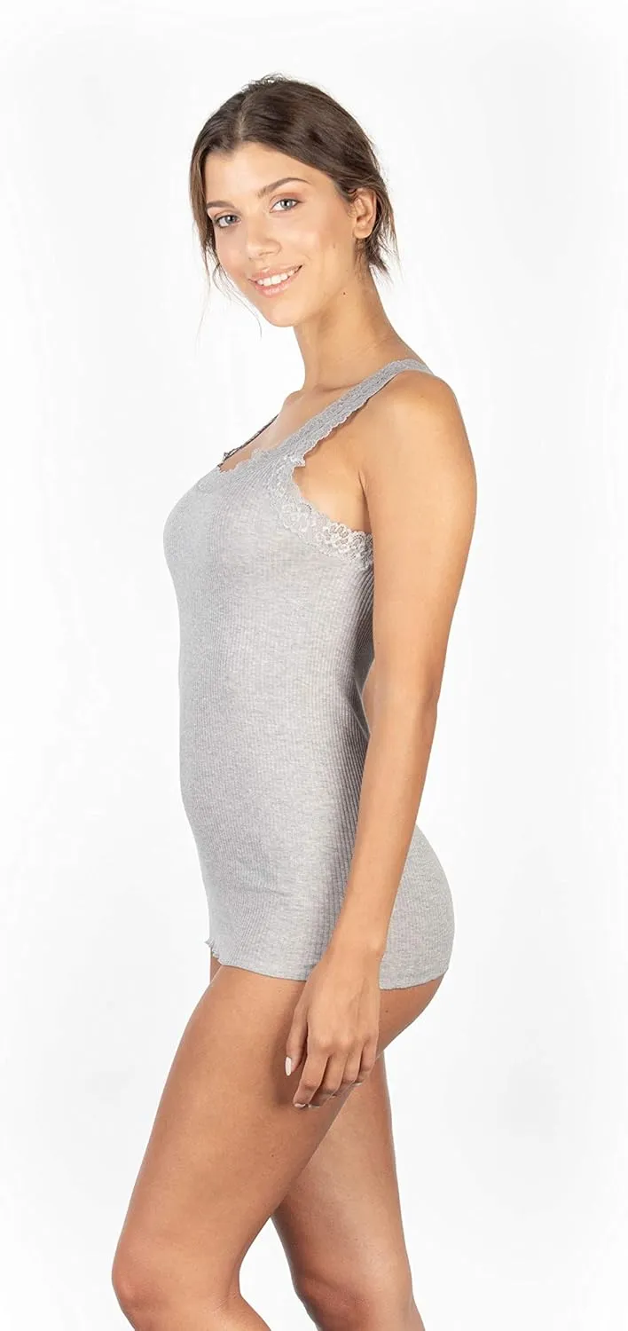 free spirit Basic Cotton Premium Quality 100% Cotton Women's Lace Trim Tank Top. Proudly Made in Italy.