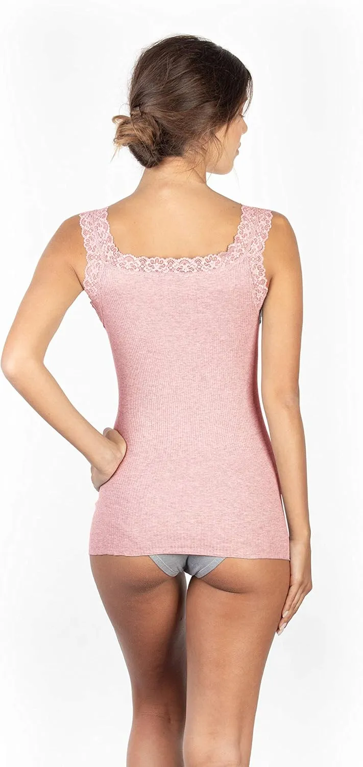 free spirit Basic Cotton Premium Quality 100% Cotton Women's Lace Trim Tank Top. Proudly Made in Italy.
