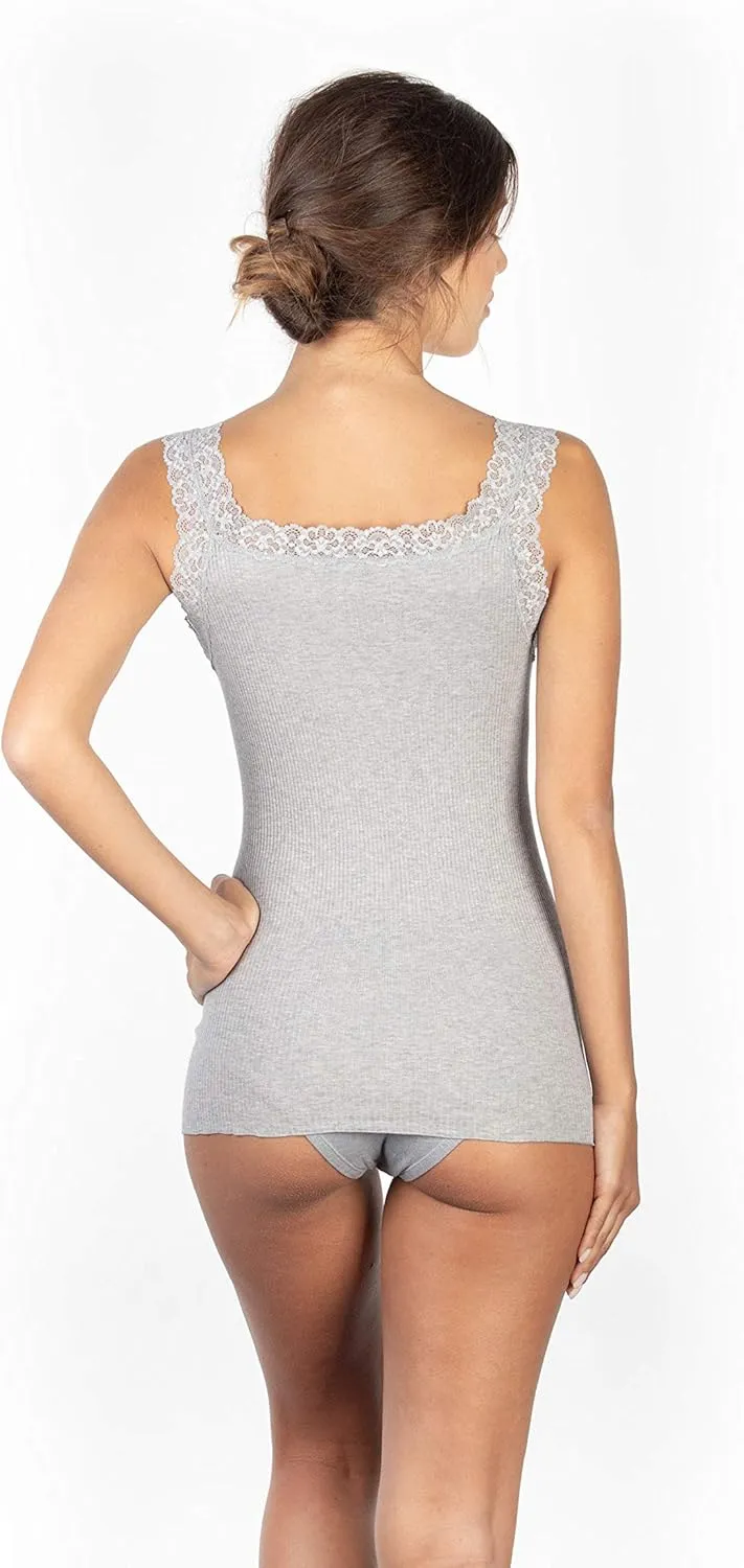 free spirit Basic Cotton Premium Quality 100% Cotton Women's Lace Trim Tank Top. Proudly Made in Italy.