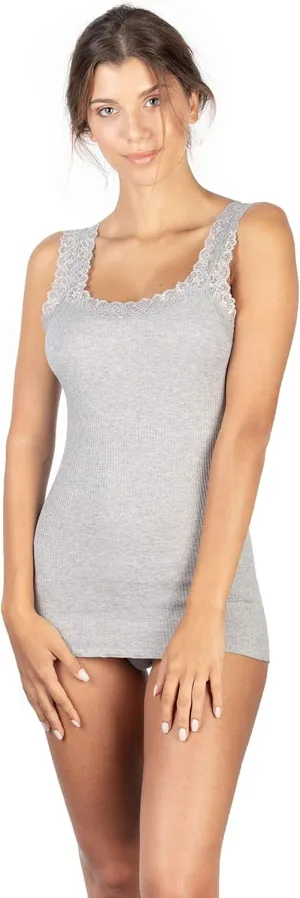 free spirit Basic Cotton Premium Quality 100% Cotton Women's Lace Trim Tank Top. Proudly Made in Italy.
