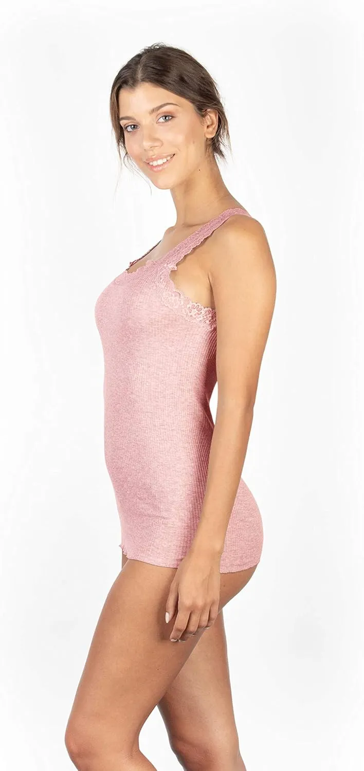 free spirit Basic Cotton Premium Quality 100% Cotton Women's Lace Trim Tank Top. Proudly Made in Italy.