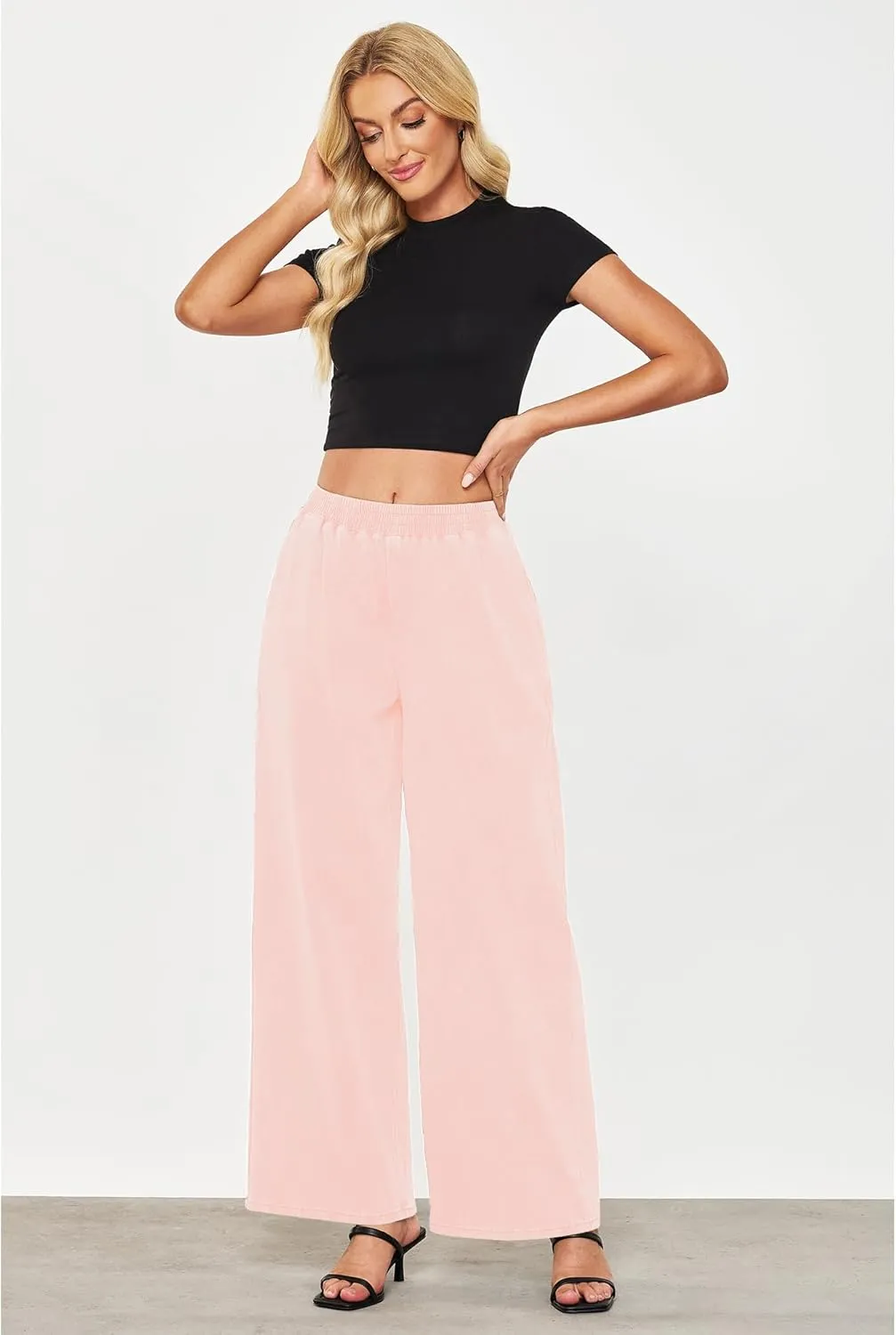 GRAPENT Wide Leg Pants Woman Pull On High Waisted Baggy Straight Leg Colored Jeans Stretch Twill Trouser Pants for Women