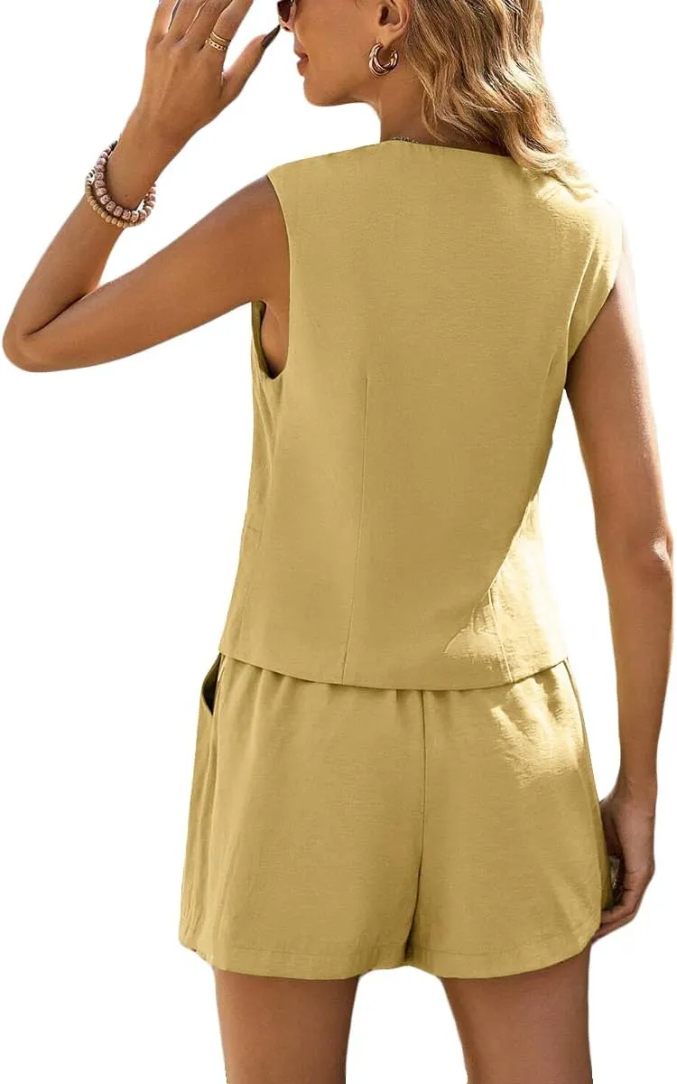 Linen Vest Tops for Women Summer Lihtweight Breathable V-Neck Button Fashion Casual Work Beach Vacation Outerwear