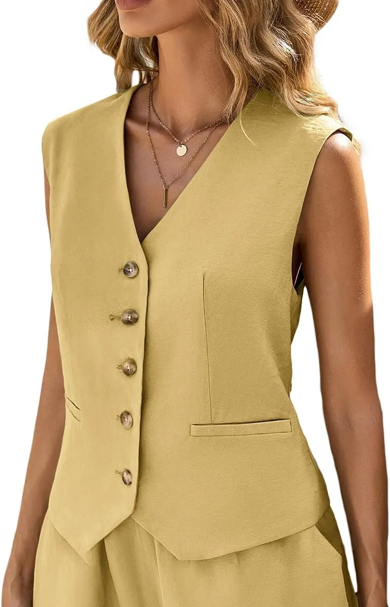 Linen Vest Tops for Women Summer Lihtweight Breathable V-Neck Button Fashion Casual Work Beach Vacation Outerwear
