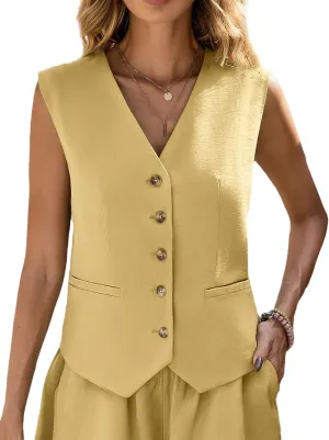 Linen Vest Tops for Women Summer Lihtweight Breathable V-Neck Button Fashion Casual Work Beach Vacation Outerwear