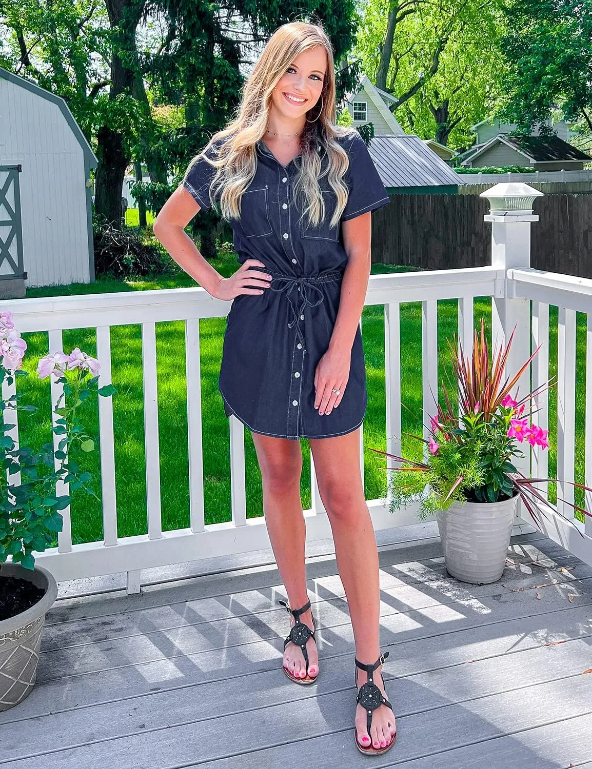 luvamia Women Casual Denim Dress Short Sleeve Tie Waist Classic Jean Shirt Dress