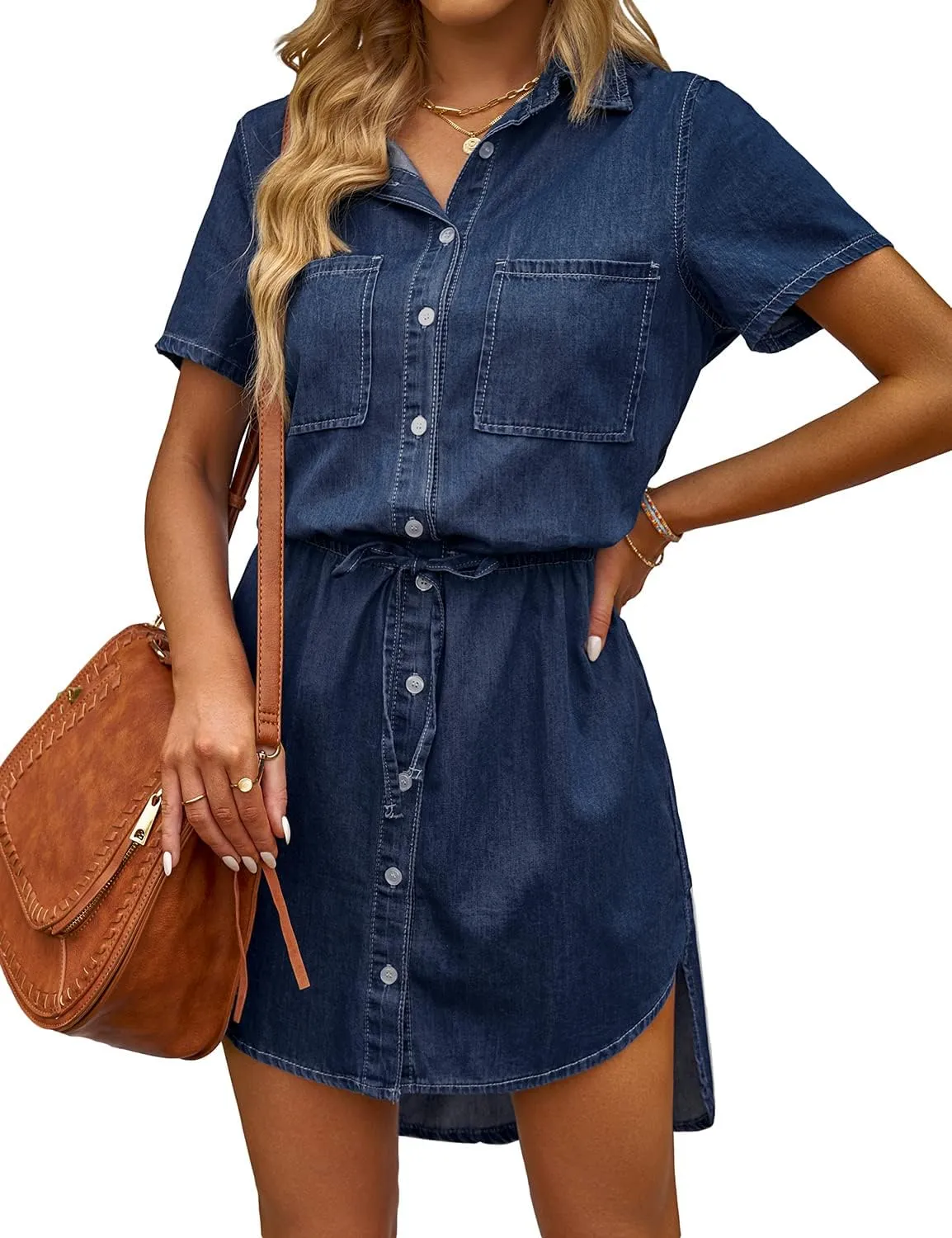 luvamia Women Casual Denim Dress Short Sleeve Tie Waist Classic Jean Shirt Dress