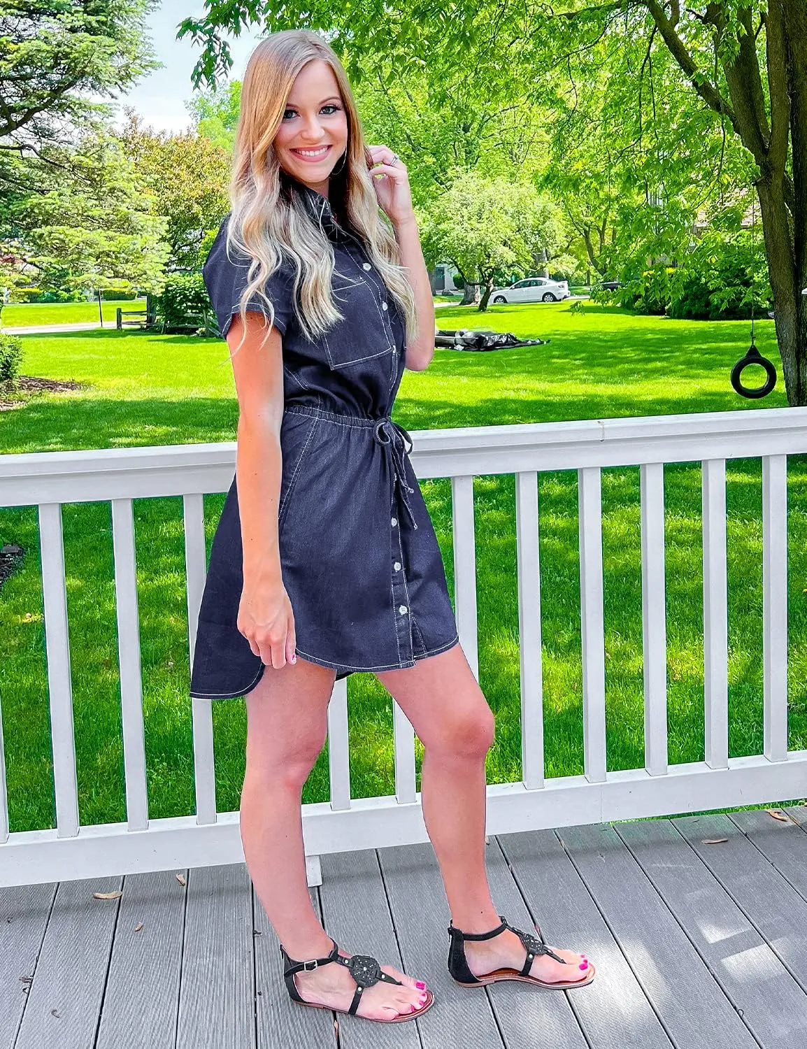 luvamia Women Casual Denim Dress Short Sleeve Tie Waist Classic Jean Shirt Dress