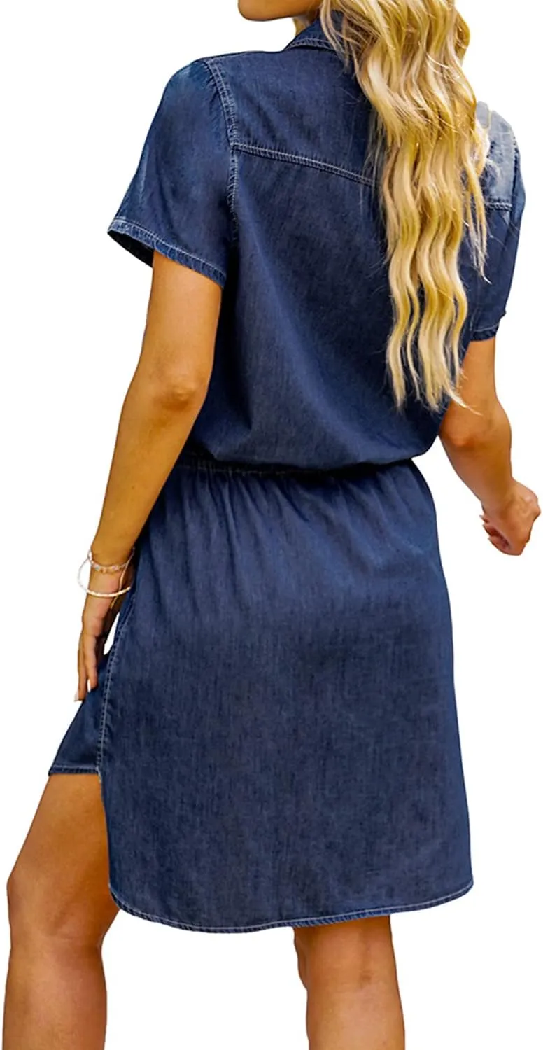 luvamia Women Casual Denim Dress Short Sleeve Tie Waist Classic Jean Shirt Dress