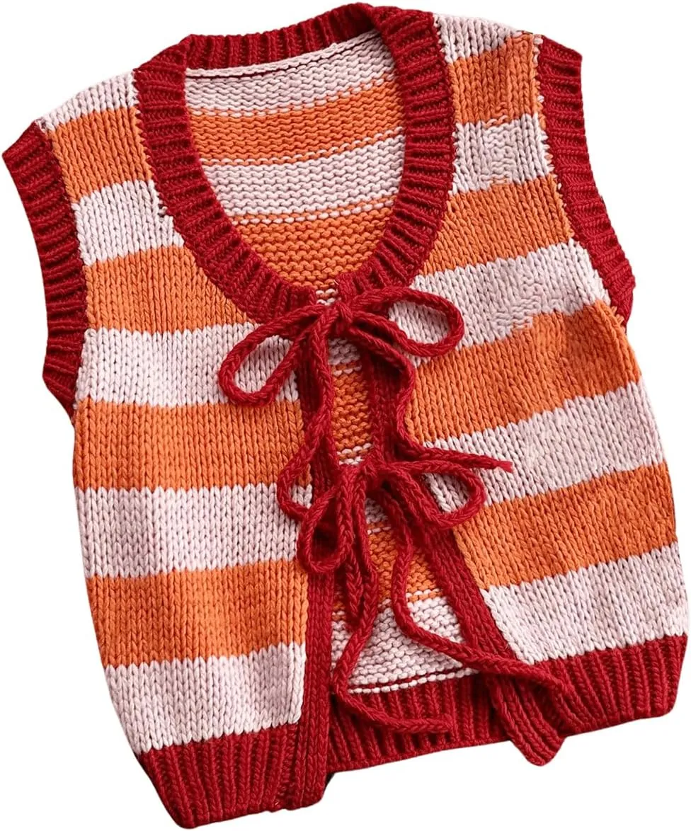 MakeMeChic Women's Striped Colorblock Sweater Vests Sleeveless Tie Front Cropped Knit Vest Tops