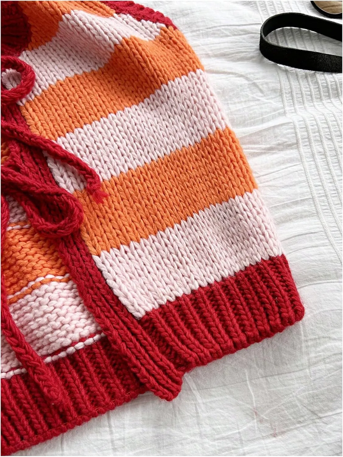 MakeMeChic Women's Striped Colorblock Sweater Vests Sleeveless Tie Front Cropped Knit Vest Tops