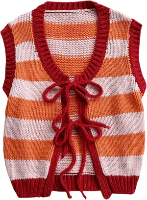 MakeMeChic Women's Striped Colorblock Sweater Vests Sleeveless Tie Front Cropped Knit Vest Tops