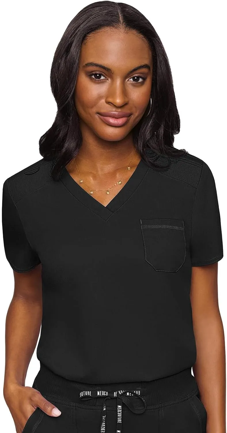 Med Couture Women's V-Neck Scrub Top, Modern Fit Tuck-in Top with Stretchy Rib-Knit Shoulders and Chest Pocket - MC7448