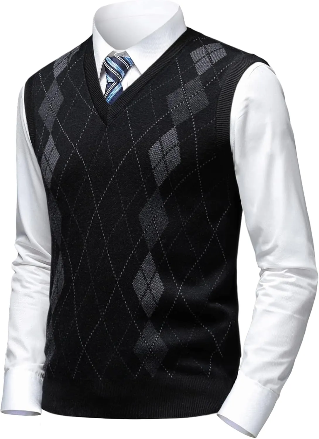 Mens Argyle Sweater Vests Classic V-Neck Sleeveless Pullover Grey Black Knitwear Nice Tank Tops for Dad Husband